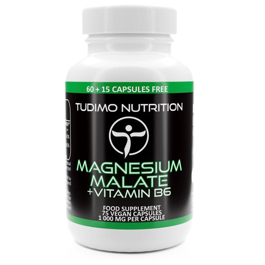 TUDIMO Magnesium Malate Vegan Capsules and Vitamin B6 – 150mg of Elemental Magnesium with Vit B6 – 75 pcs (2+ Month Supply) of Rapidly Disintegrating Caps, 150 mg of Magnesium Mineral + B6 Powder