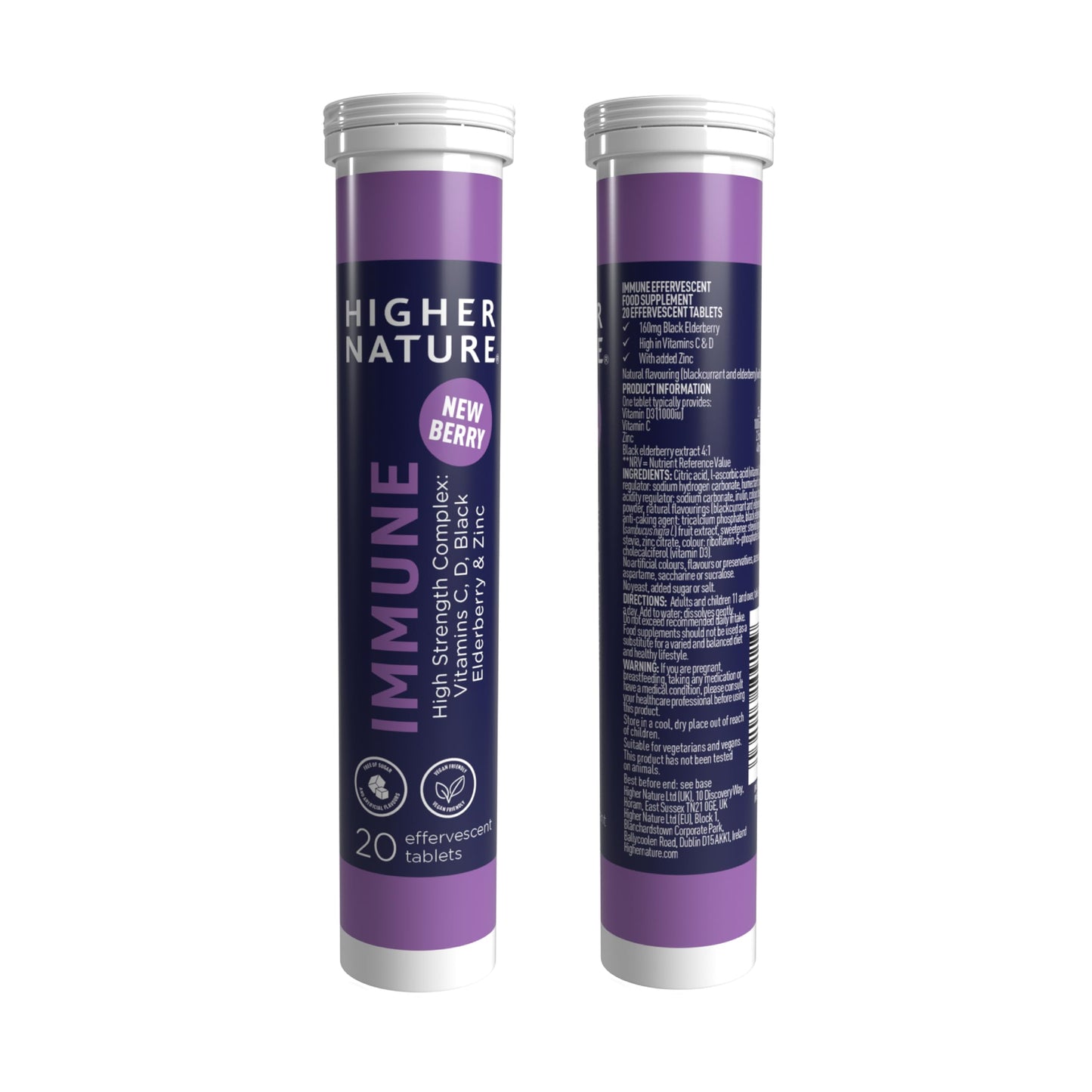 HIGHER NATURE Higher Nature - Immune Effervescent - Easy to Take Immune Support - Vitamin C, D & Zinc - No Artificial Sweeteners – Blackcurrant and Elderberry Flavour - 20 Tablets