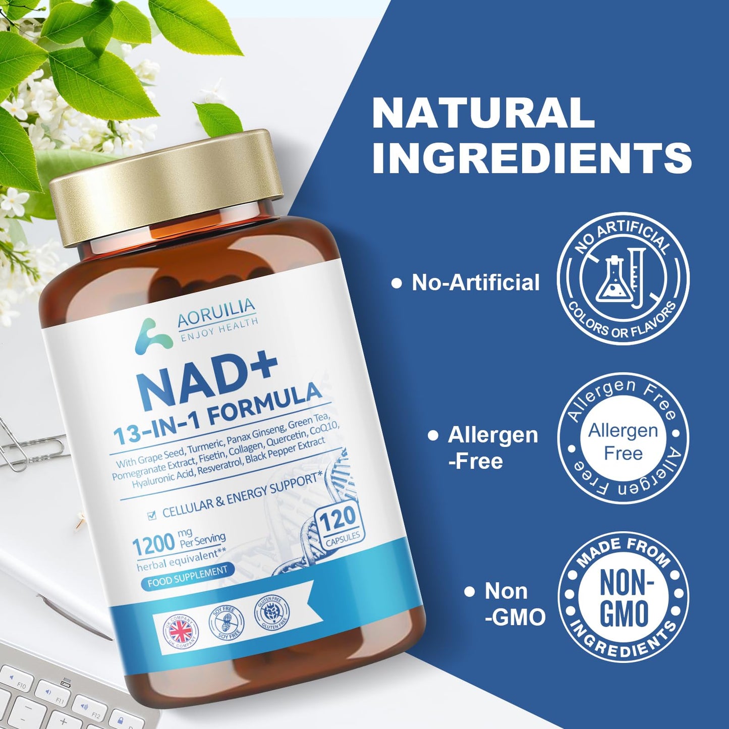 NAD Supplements 1200mg, NAD+ 13 in 1 Superior Antioxidant Blend with Max Absorption for Cellular Energy and Healthy Aging Support, 120 Capsules