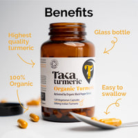 Taka Turmeric, 120 Caps Organic Turmeric with Black Pepper Extract Tumeric Curcumin Supplement, High Strength Tumeric Capsules with Curcumin and Black Pepper, Vegan, Recyclable Packaging