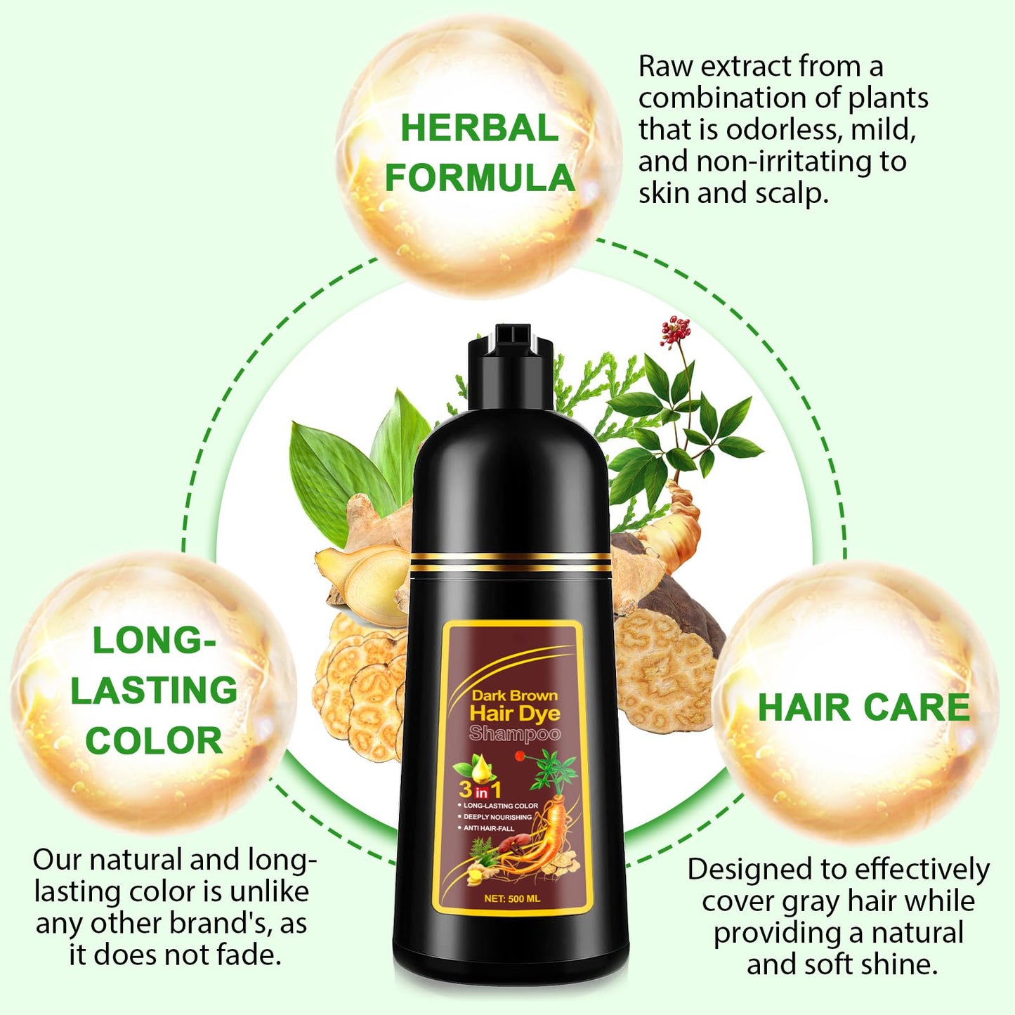 Dark Brown Hair Dye Shampoo, Hair Dye Shampoo 3 in 1 for Gray Hair Coverage Herbal Hair Dye Shampoo Natural Dark Brown Hair Color Shampoo for Women Men