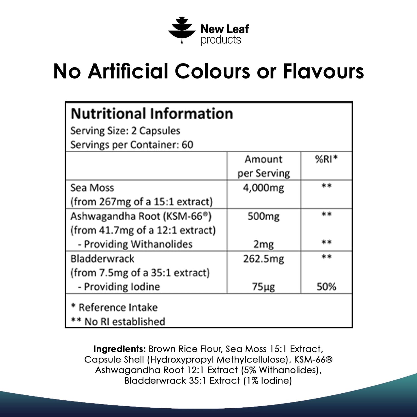 Sea Moss Complex - Pure Irish Sea Moss Capsules with Bladderwrack & KSM Ashwagandha - High Strength Sea Moss Capsule - 120 Fill Vegan Irish Sea Moss Capsules Made in The UK by New Leaf