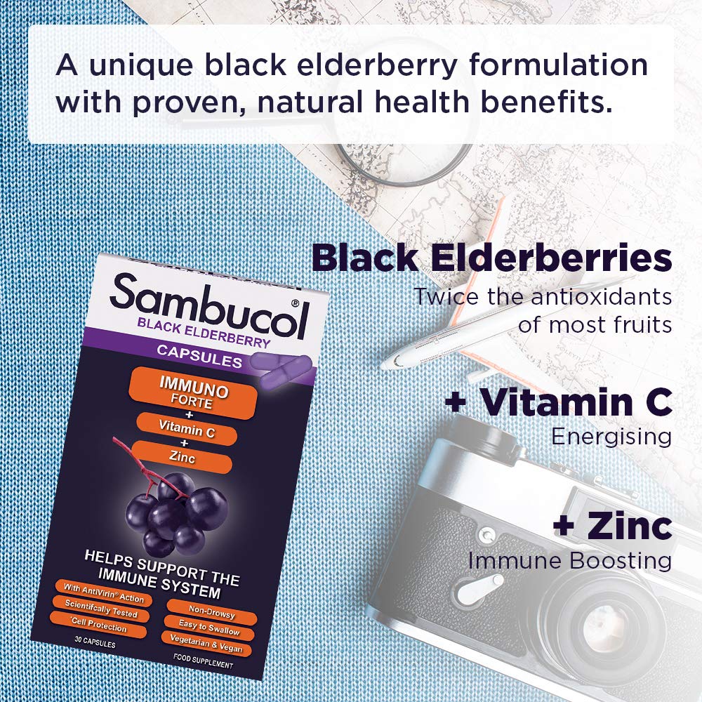 Sambucol Natural Black Elderberry Immuno Forte Capsules | Vitamin C | Zinc | Immune Support Supplement | 30 Capsules