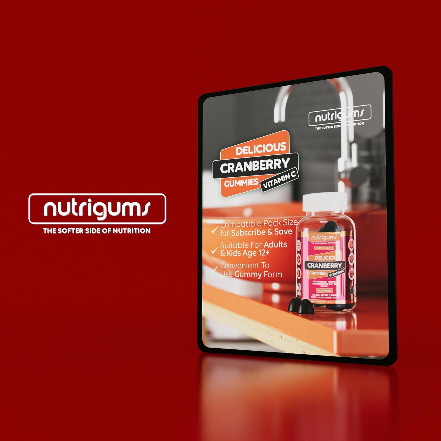 Nutrigums Cranberry & Vitamin C Gummy | Cherry Flavour | 60 Vegan Gummies | Cranberry Extract 9000mg (25% Proanthocyanidins) + Vitamin C 80mg | High Strength | UTI support for Women & Men by NUTRIGUMS®