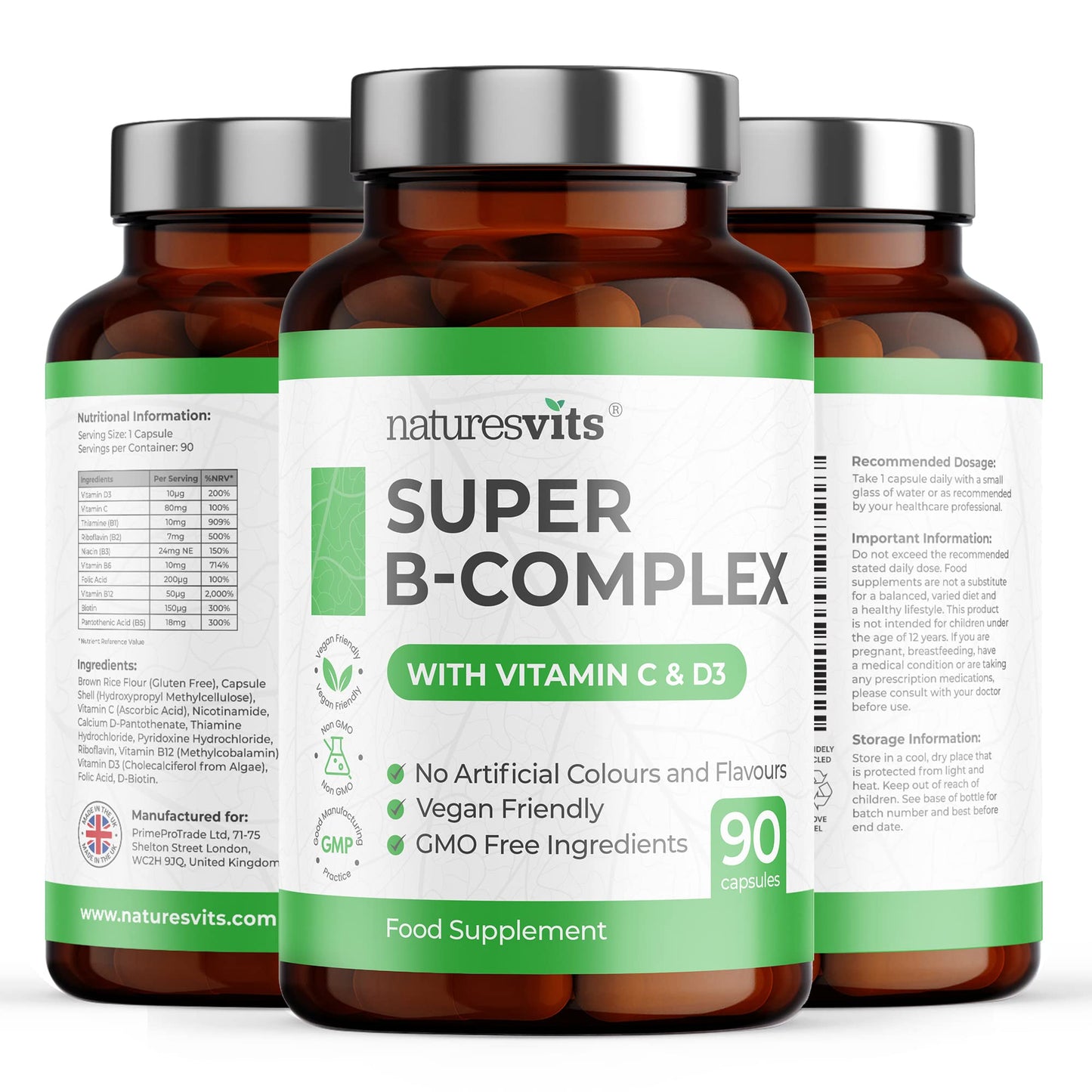 High Strength Vitamin B Complex, 90 Capsules - Contains Vitamin C and D, Folic Acid, Biotin, Thiamine, Riboflavin, Niacin, Pantothenic Acid and More - Supplements for Fatigue