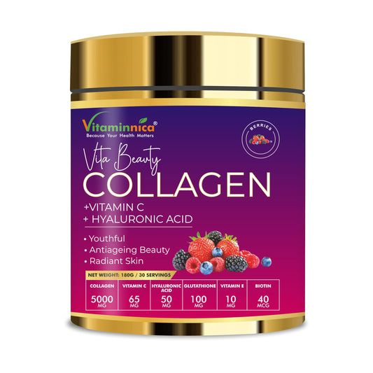 Vitaminnica Because your Health Matters Vitaminnica Vita Beauty Premium Bovine Collagen Powder (Type I & III) with Hyaluronic Acid, Glutathione, Vitamin C, Biotin & Vitamin E | for Glowing Skin & Anti-ageing | 30 Servings | Berries Flavour
