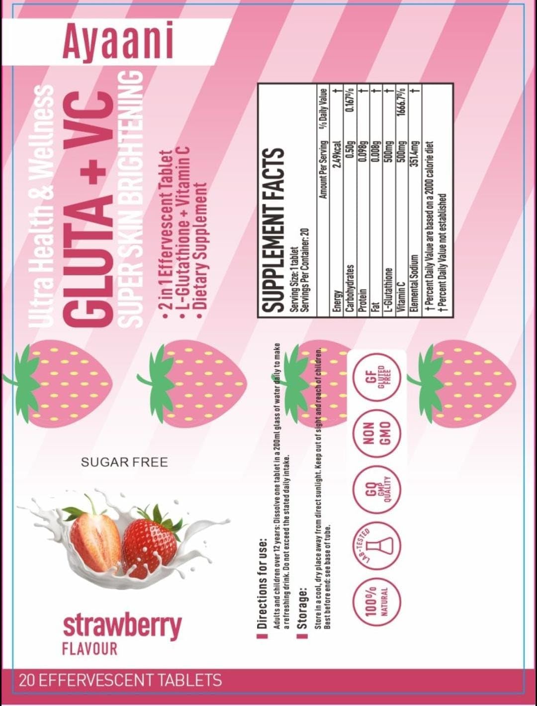 Glutathione 500mg & Vitamin C 500mg Strawberry Flavour Effervescent Tablets-Premium Skin Brightening, Antioxidant- 20 Tablets