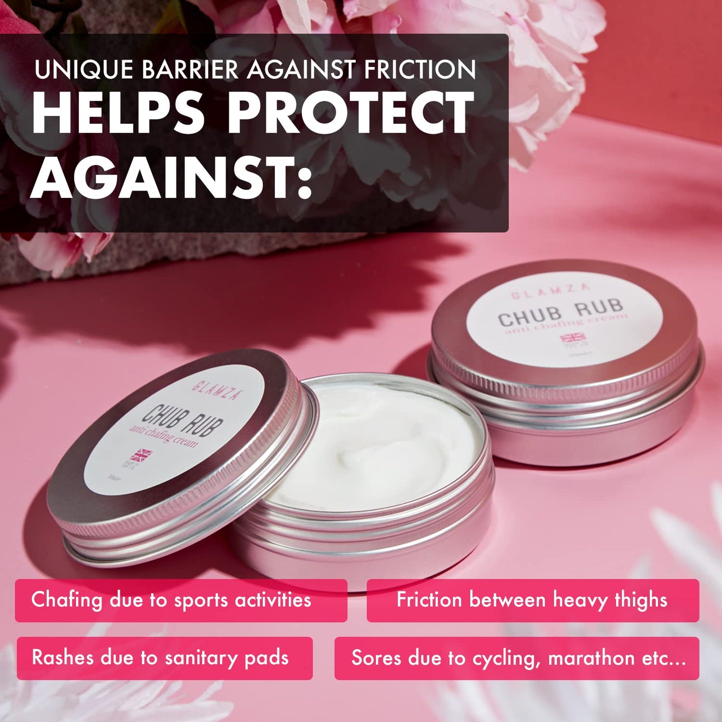 Glamza Chamois Cream GLAMZA ‘Chub Rub’ Anti Chafing Cream & Pair of Thigh Bands for Men & Women - Prevents Chaffing for Cyclists, Runners and More 50ml (Size E (62-70cm))