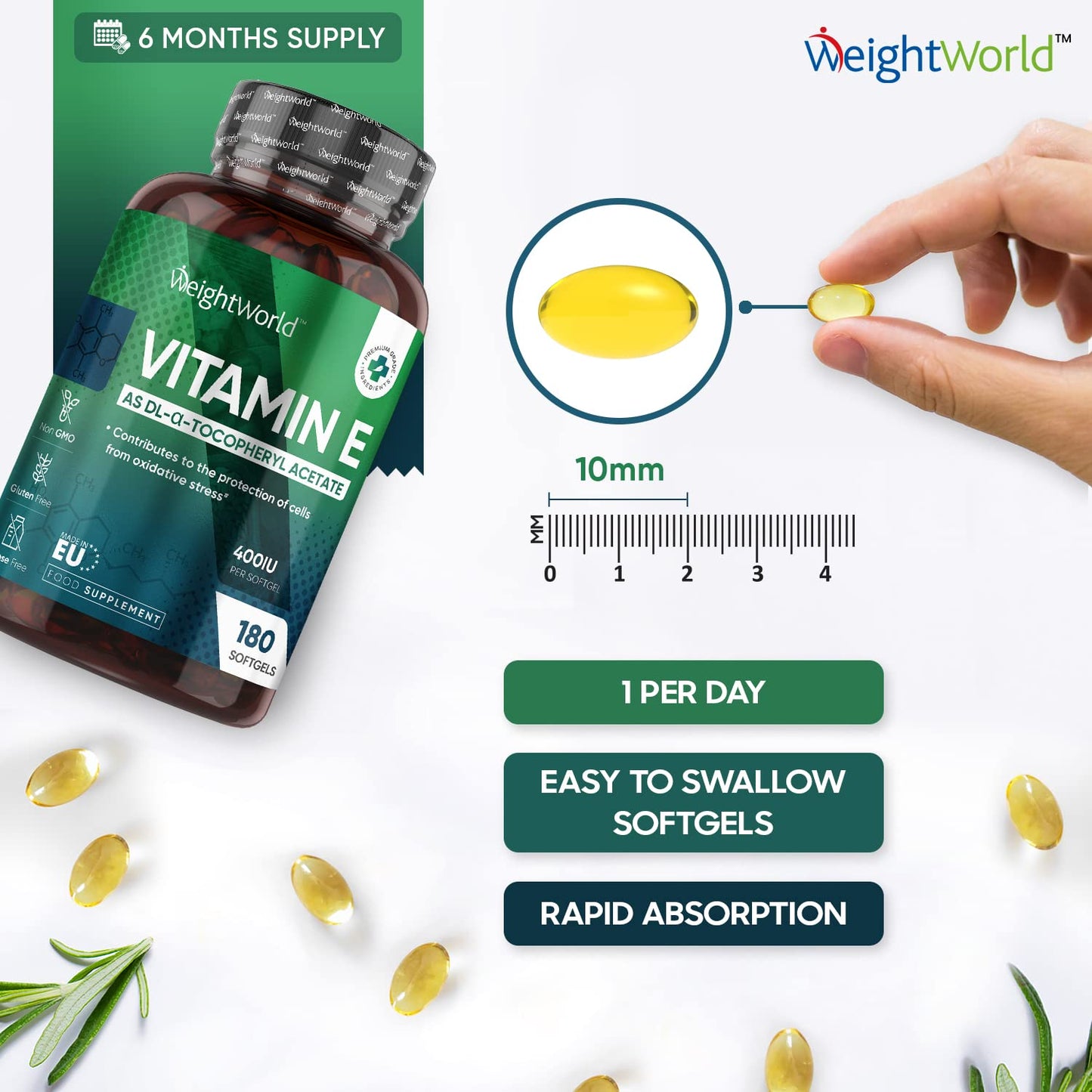 Vitamin E Capsules Softgels 400IU (Advised Intake) - 180 Vit E Softgels (6 Month Supply) - High Strength Vitamin E Oil Capsule - Hair Nail Skin Supplement - Natural Alpha Tocopheryl (Not Vit E Tablet)