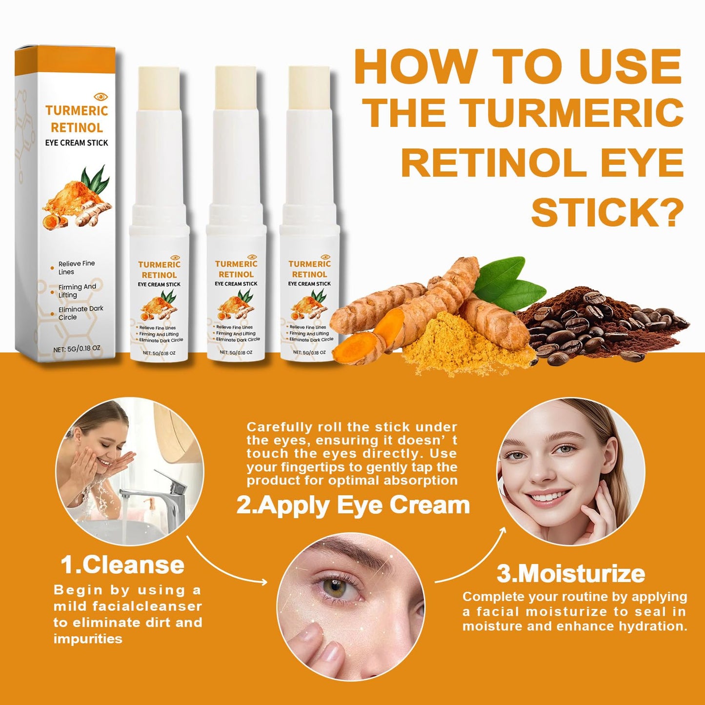 Trendyfave Turmeric Retinol Eye Stick, Eye Cream For Dark Circles And Puffy Eyes, Eye Cream Anti Aging,For Fine Lines,Eye Bags Remover, Anti Wrinkle,Dull Eye Skin, Moisturizing, Firming, Hydrating,3pcs