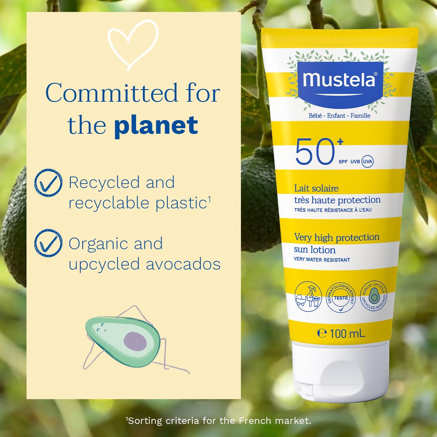 Mustela - Very High Protection Sun Lotion - Sunscreen SPF 50 with Avocado Perseose and vitamin E - Water and Sand Resistant Body Lotion - for Babies, Children and Adult Skins – 100ml