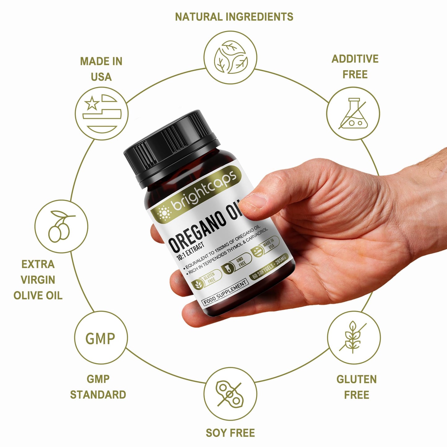 Brightcaps Wild Oregano Oil - Extract 10:1 Equivalent to 1500mg - High in Carvacrol & Thymol | Immune Health Support | 60 Softgels