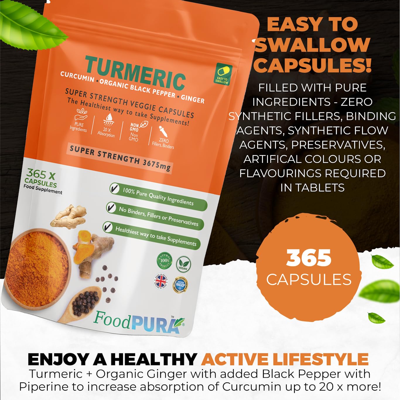 FoodPURA Turmeric Curcumin Capsules with Black Pepper & Ginger High Strength 3675mg HACCP Certified, Manufactured in The UK by FoodPURA (365)