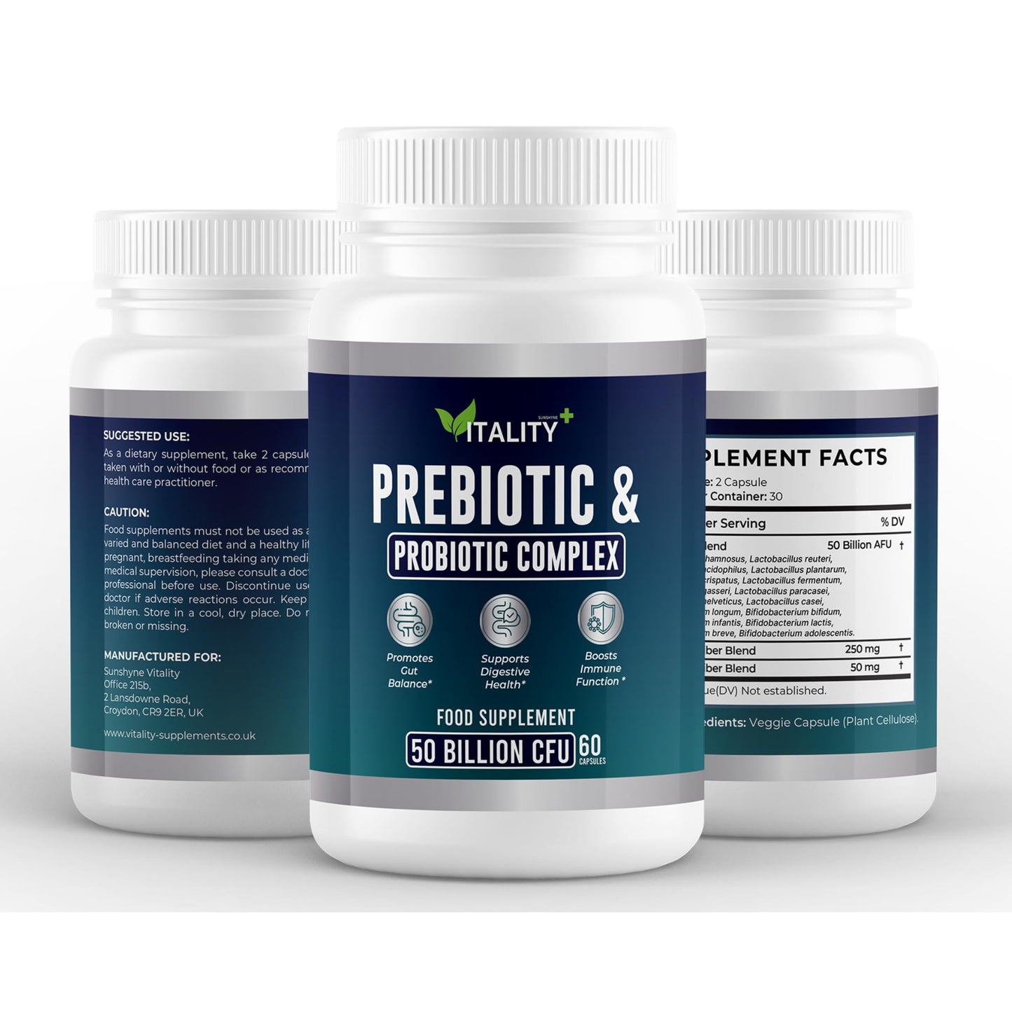 Sunshyne Ultimate Probiotic & Prebiotic Supplement – 50 Billion CFU Probiotic Blend & 250mg Prebiotic Fiber – 60 Capsules, 1 Month Supply for Gut Health