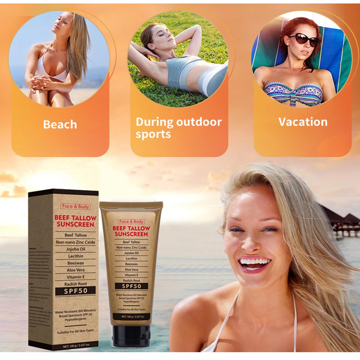 MEITREND Beef Tallow Sunscreen SPF 50,Non Nano Zinc Oxide Sunscreen for Face & Body,Natural Mineral and Tallow Sunscree-n ,UVA/UVB Protection,Zinc Oxide & Beef Tallo-w Sunblock Cream for Outdoor & Beach