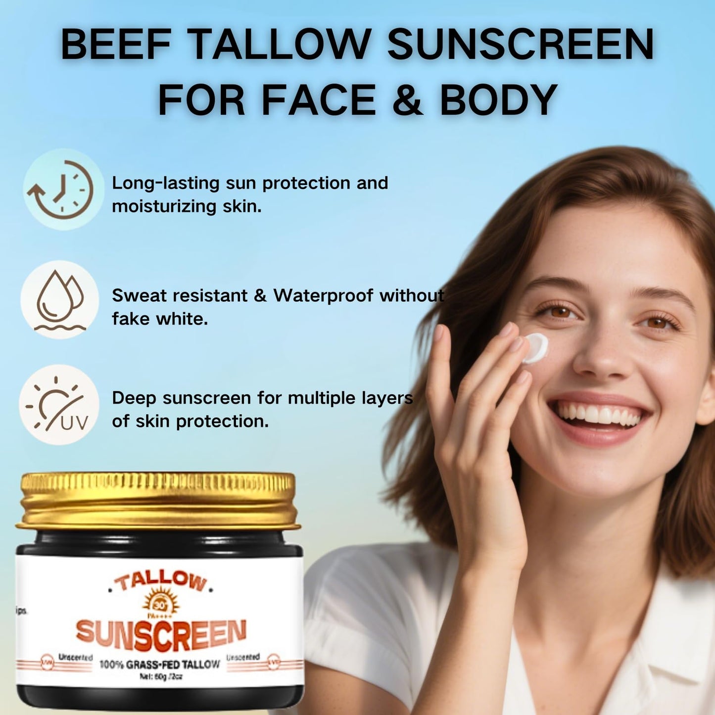 TBeautfave Beef Tallow Sunscreen SPF 30 - Beef Tallow for Skin - 100% Organic Grass-Fed Beef Tallow Sunscreen for Face & Body - SPF 30 Face Moisturiser, Hydrating, Unscented, Sweat & Water Resistant