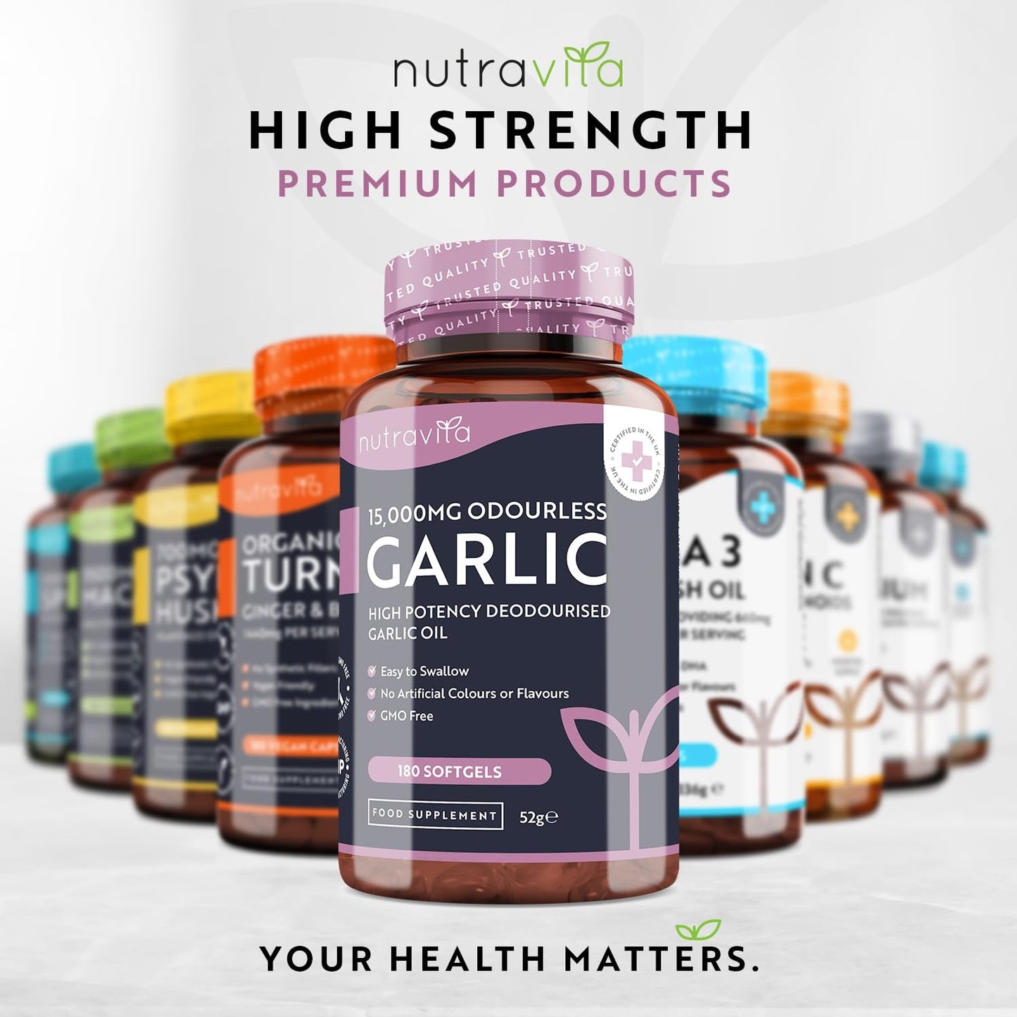 Premium Garlic Capsules - Odourless High Strength 15,000mg - 180 Soft Gel Capsules of Deodourised Cold Pressed Garlic Oil from Allium Sativum – 6 Month Supply - Made in The UK by Nutravita