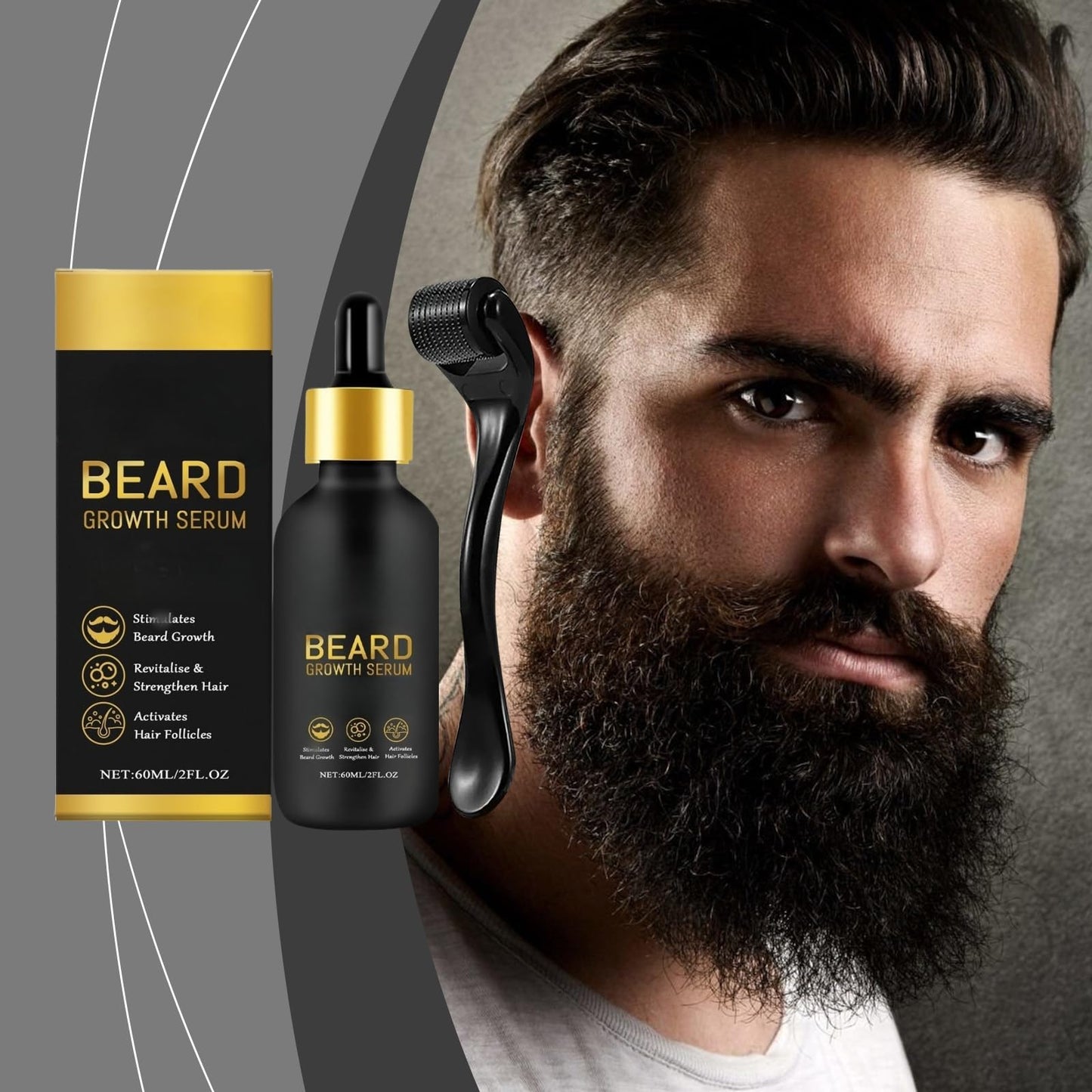 Jinjiar Beard Growth Kit,Beard Growth Oil with Roller for Promote Hair Regrowth,Natural Ingredients Beard Growth Serum,Beard Growth Serum for Men,Acial Hair Treatment,Beard Thickener for Men,Mens Beard Growth