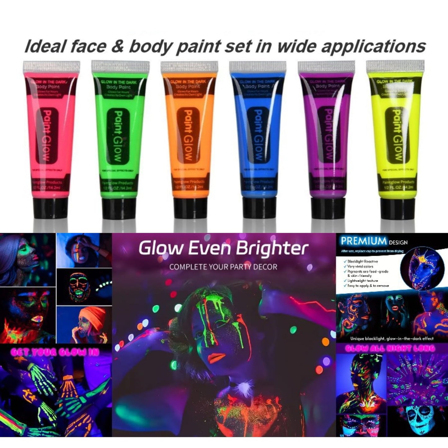 SHEBEEDO 6PCS Glow Under Black Light Neon Face Paint, Vibrant Neon Party Accessories for Adults, Festival Face Paint That Glows in the Dark, High - Quality Body Paint