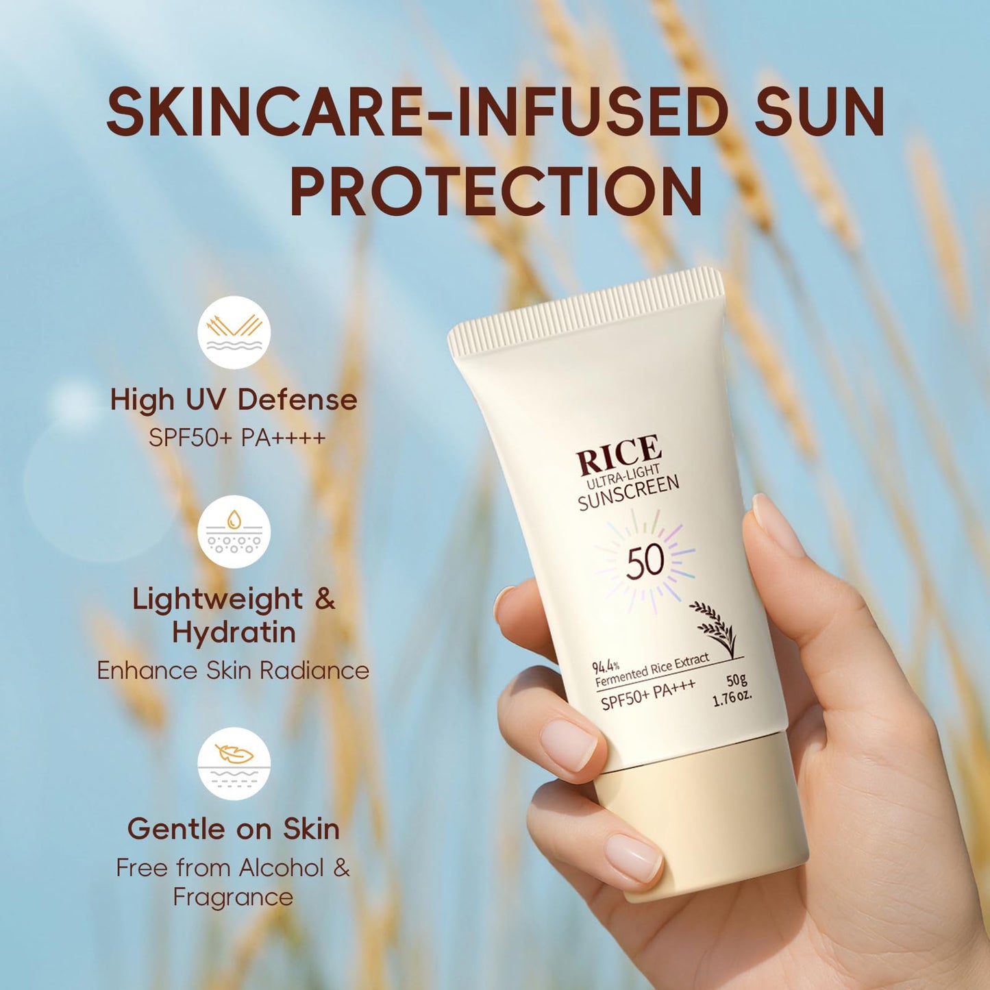 ThamGlow Rice Ultra-Light Sunscreen SPF 50+ PA +++, Rice Face Cream With SPF, Face Sun Cream Lightweight Non Greasy Sunscreen, Invisible UVA/UVB Protection, Hydrating Formula, No White Cast