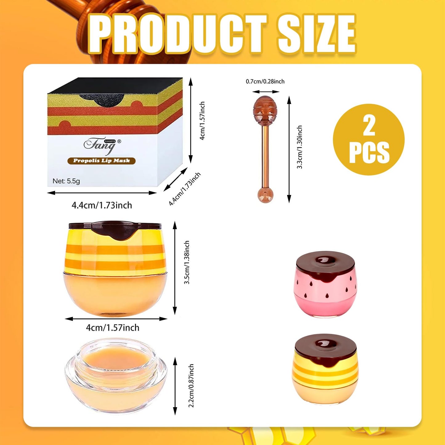 Anmahe 2 PCS Bee Balm, Honey Lip Balm Moisturizing Skincare Lip Mask with Lip Brush, Honey Balm, Lip Sleeping Mask for Lip Care Repair Prevent Dry Crack Lip Line Reducing (Honey+Strawberry)