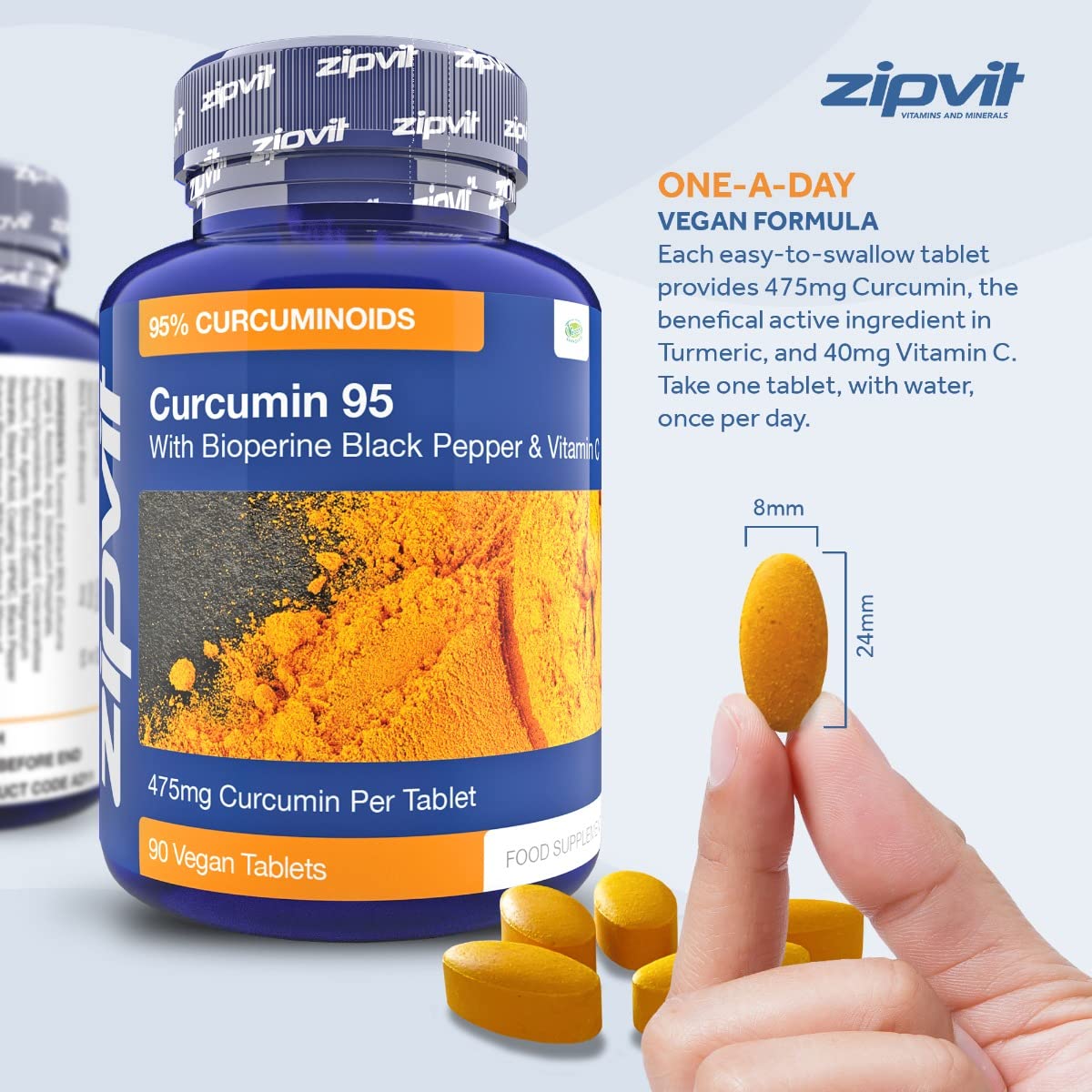 Curcumin 95 with Bioperine, Turmeric Curcumin Supplement with 95% Active Curcumin. 90 Vegan Tablets, 3 Months Supply. Vegetarian Society Approved Curcumin Supplement.