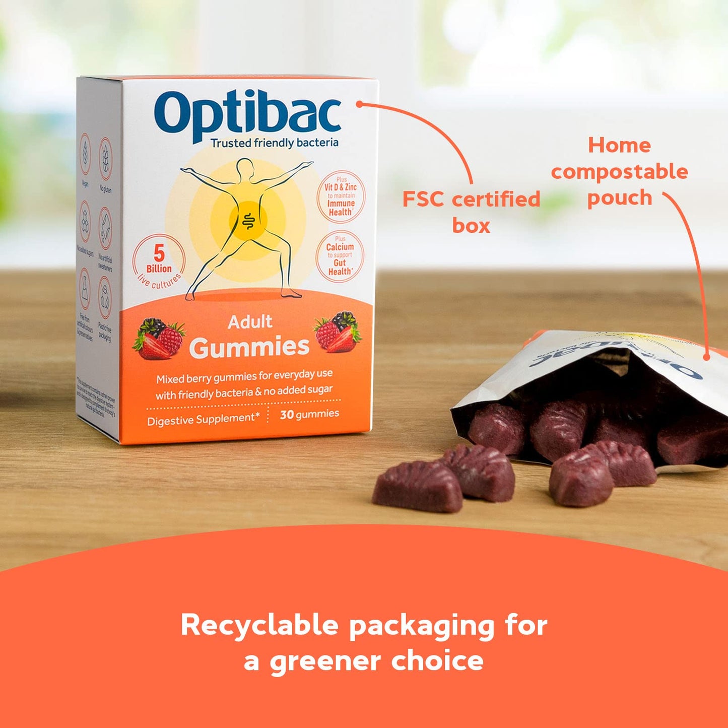 Optibac Probiotics Adult Gummies - Vegan Digestive Probiotic Supplement with Vitamin D, Zinc & Calcium for Immune Support & Gut Health - 5 Billion Bacterial Cultures - 30 Gummies