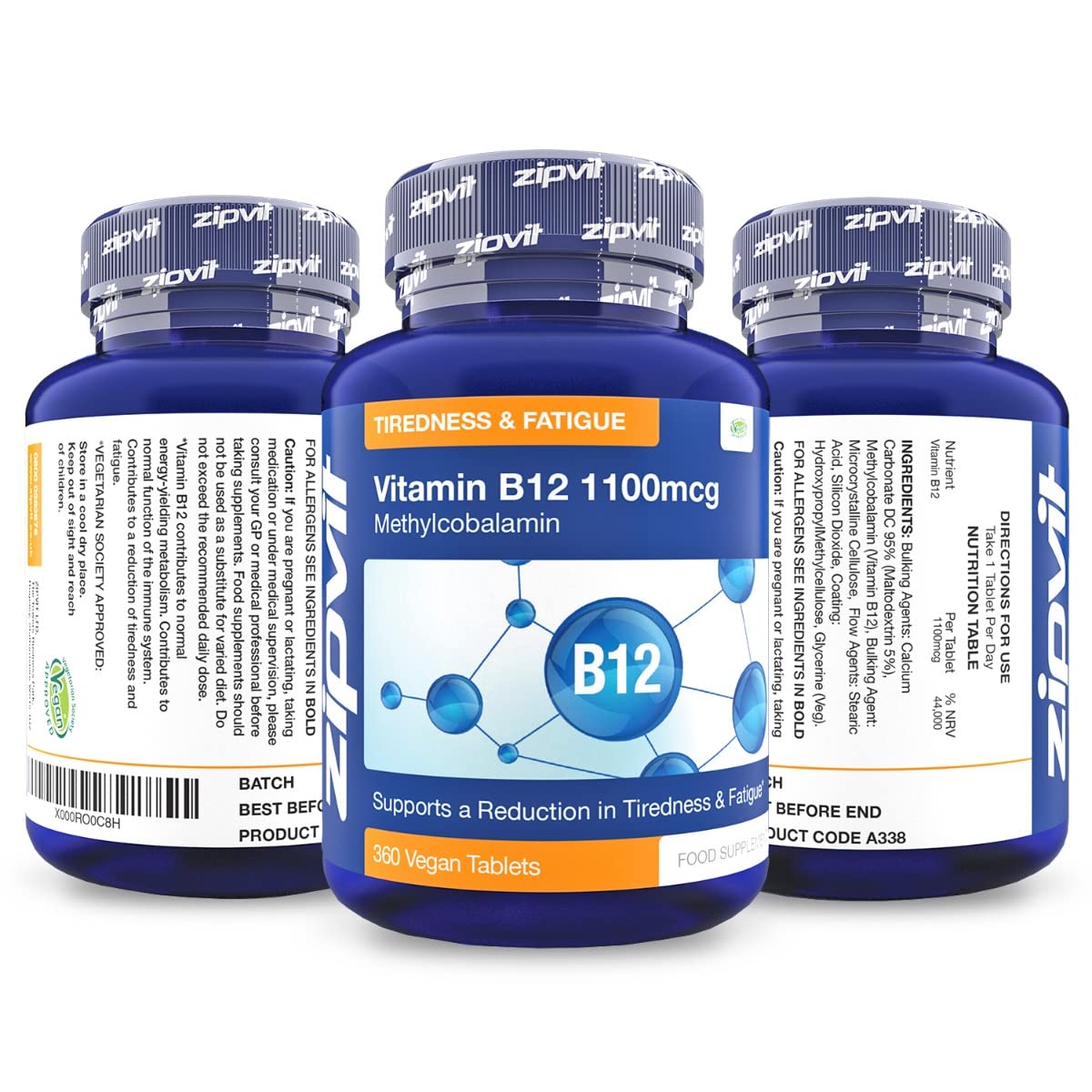 Zipvit Vitamin B12 Tablets High Strength 1100mcg Methylcobalamin, 360 Vegan B12 Tablets (12 Months Supply). Helps with Tiredness and Fatigue. Vegetarian Society Approved B12 Supplement. UK Supplier