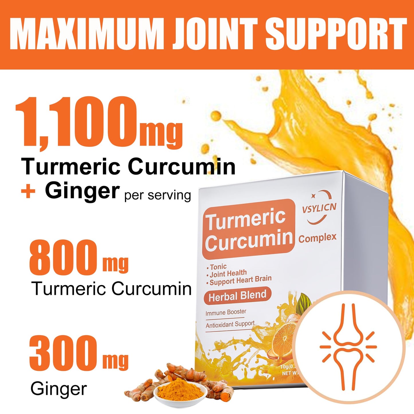 VSYLICN 30 Packs Turmeric Liquid with Black Pepper & Ginger - High Strength Curcumin Supplements - Easy Swallow Liquid Drink - Tonic, Joint Health & Support Heart Brain - Vegan - 1 Month Supply