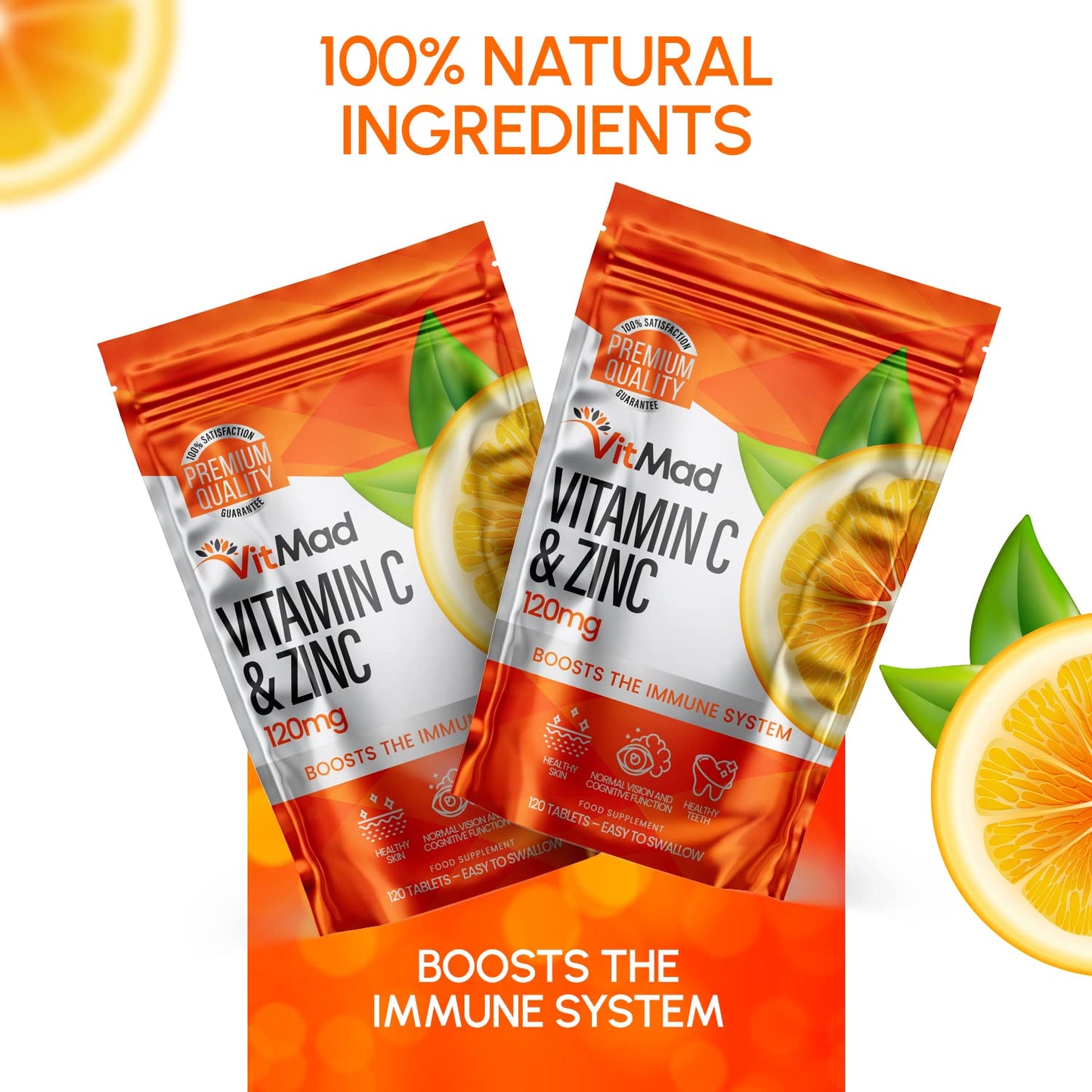 Vitmad Vitamin C (100mg) and Zinc (20mg) - 120 Tablets - Immune System Support - High Strength