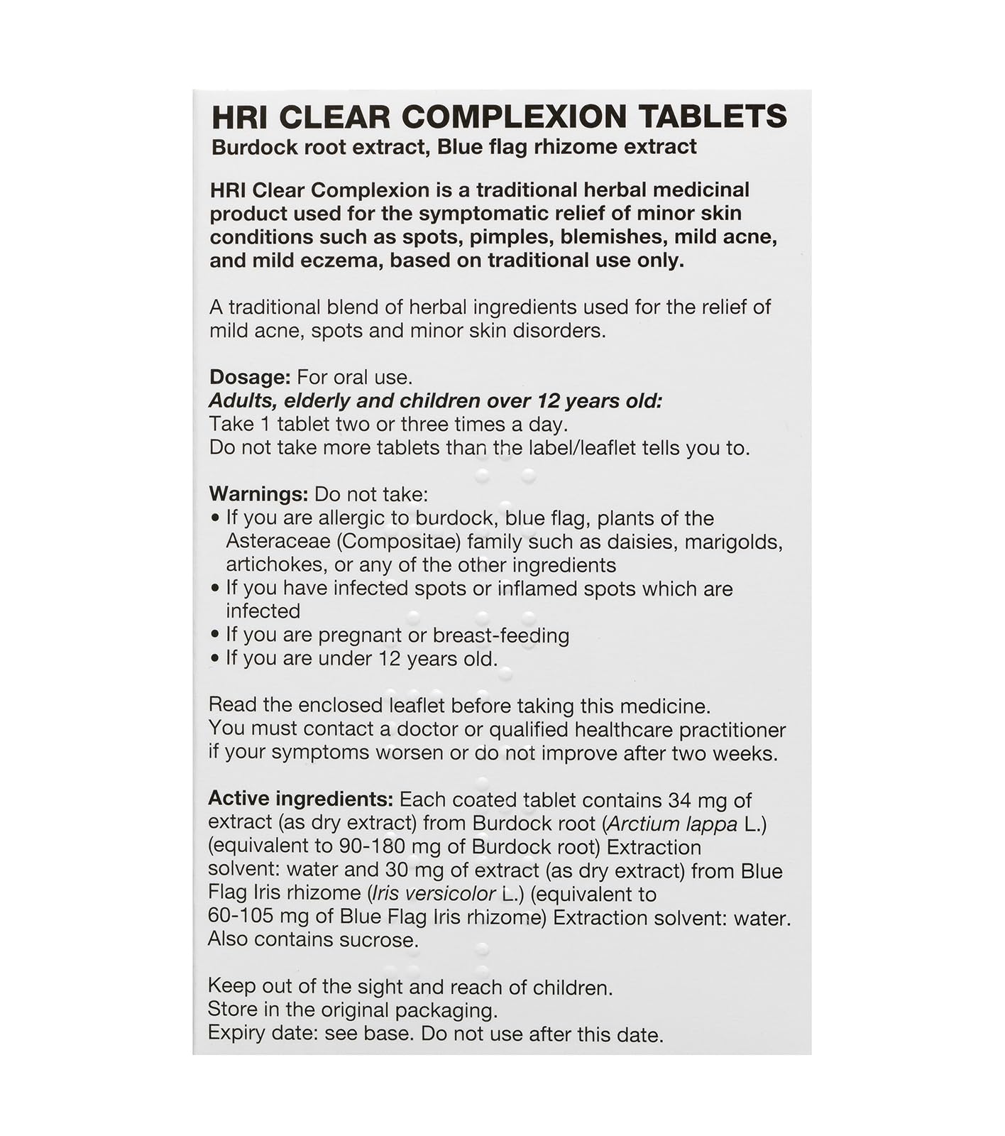 HRI Clear Complexion 30 Tablets - for Symptomatic Relief of Minor Skin Conditions Such as Spots, Pimples, Blemishes, Mild Acne, Mild Eczema. 1 Pack