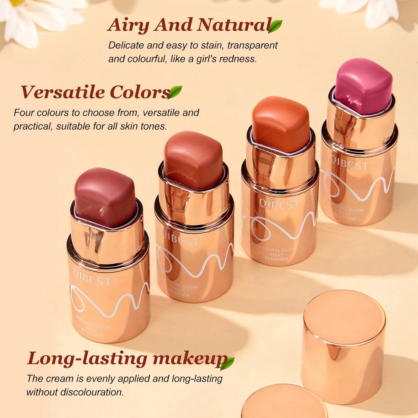 Cream Blush Stick, 3-in-1 Multi-Use Blusher Contour for Lip Cheek Eye, Long-lasting Waterproof Cream Blusher with Makeup Brush, Moisturize Blush Wand, Lightweight Face Blusher for Women Nature Look