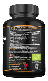 Organic Ashwagandha Capsules 1200mg Boosted with 100mg of Organic KSM-66 with 5% Withanolides with Added Organic Turmeric 200mg and Organic Black Pepper - Providing 1500mg Per Serving