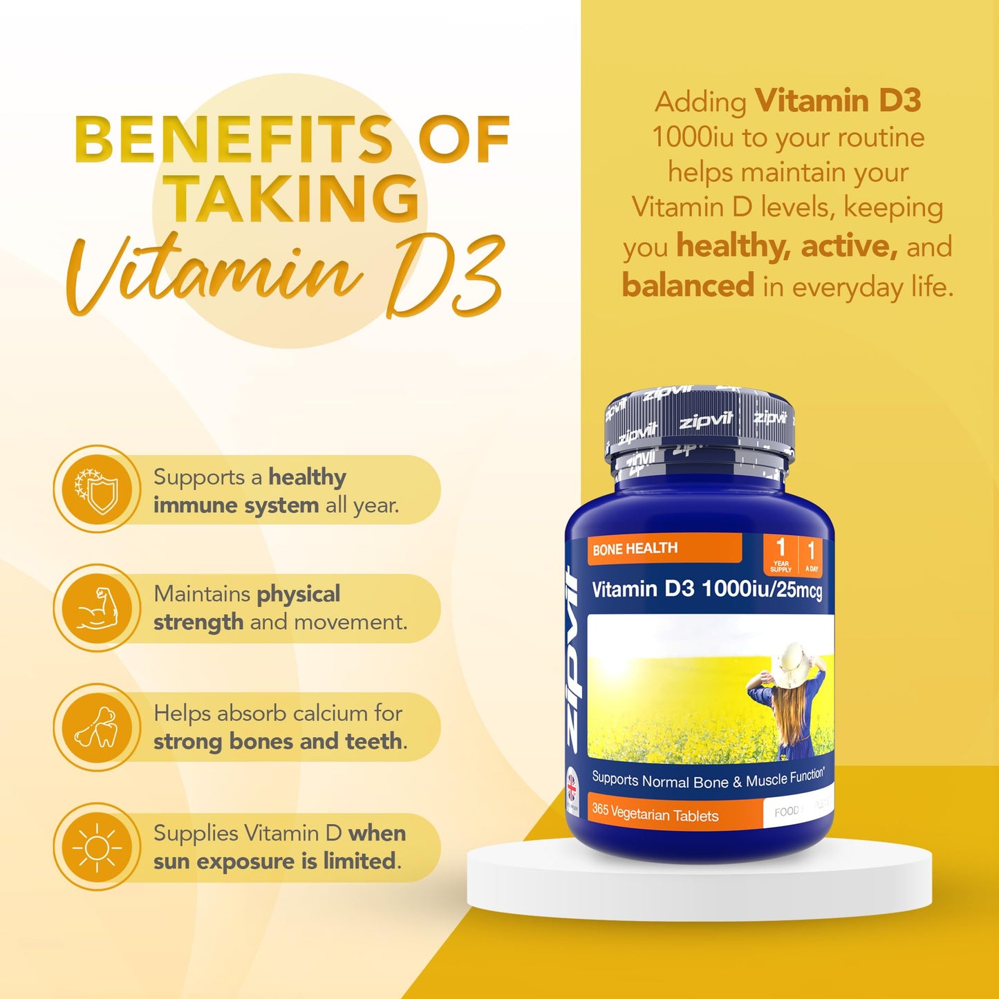 Zipvit Vitamin D 1000IU, 1 Year Supply, 365 Vegetarian D3 Tablets, High Absorption, Easy-to-Swallow Vitamin D Tablets for Immune, Bone & Muscle Health