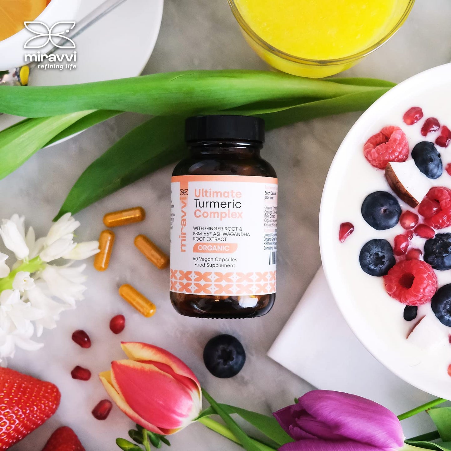 Miravvi Organic Turmeric Complex with KSM-66 Ashwagandha, Organic Ginger Root and Black Pepper | Organic Supplement | Ayurveda Formula | Vegan Complex | High Strength | Made in The UK |60 Days Supply