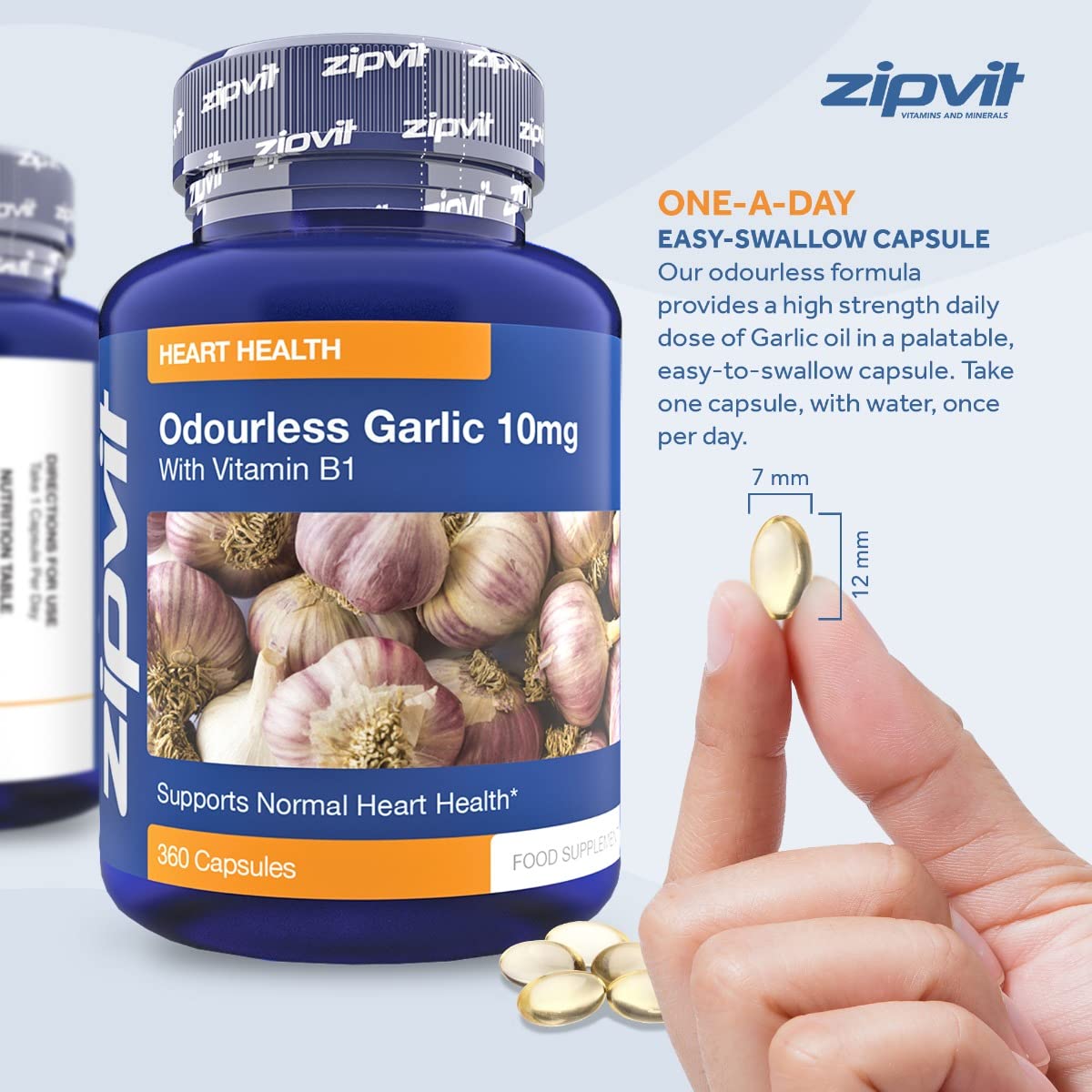 Zipvit Garlic Odourless 10mg Capsules, 360 Pack. 1 a Day Formula. Made in UK. 12 Months Supply.