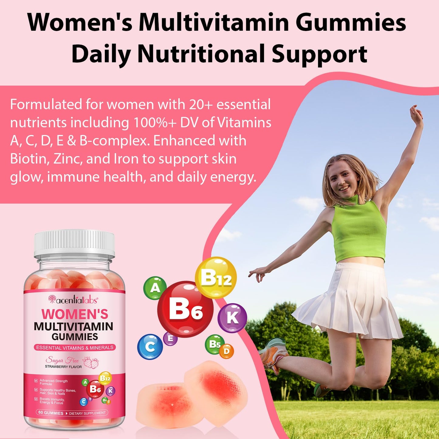 VOSIFSDIY Womens Multivitamin Gummy 60p, Multivitamin for Women, Boosts Healthy Bones Hair Skin and Nails, Boosts Immunity Energy, Strawberry Flavor