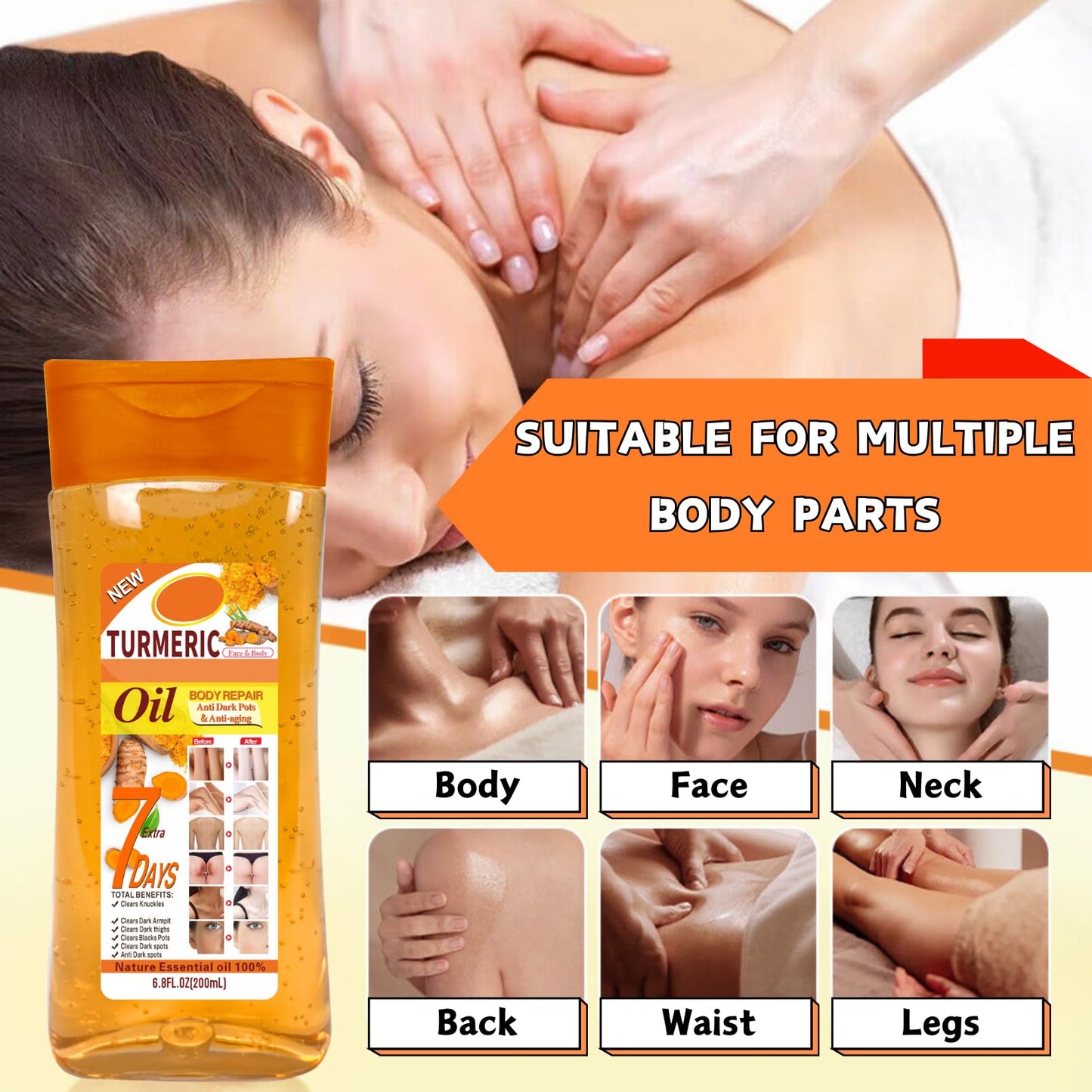 Turmeric Body Oil Gel, Body Oil for Women, Turmeric Massage Oil for Face & Body, Hydrating Nature Essential Oil, Anti Winkle Body Moisturiser, Turmeric Facial Oil Gel for Dark Spots, 200ml