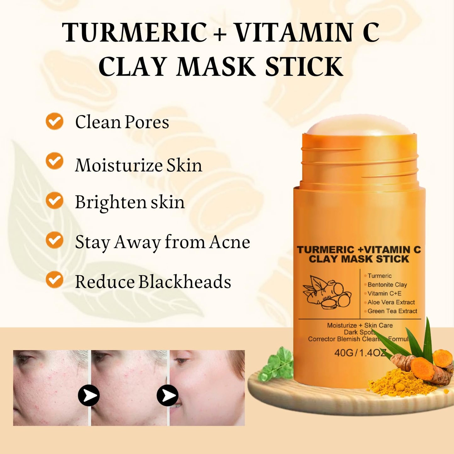 IZBEAUVO Turmeric Clay Mask,Turmeric Vitamin c Face Mask,Clay Face Mask,Turmeric Mask Stick,Clay Mask for Pores Deep Cleanse,Reduce Acne Dark Spots & Pores Anti-Aging,Brightening for Men and Women