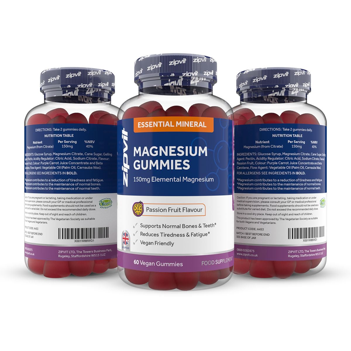 Magnesium Citrate Gummy, 150mg Elemental Magnesium, Supports Bones and Teeth, Reduces Tiredness and Fatigue, 60 Vegan Gummies, Passionfruit Flavour, UK Supplier