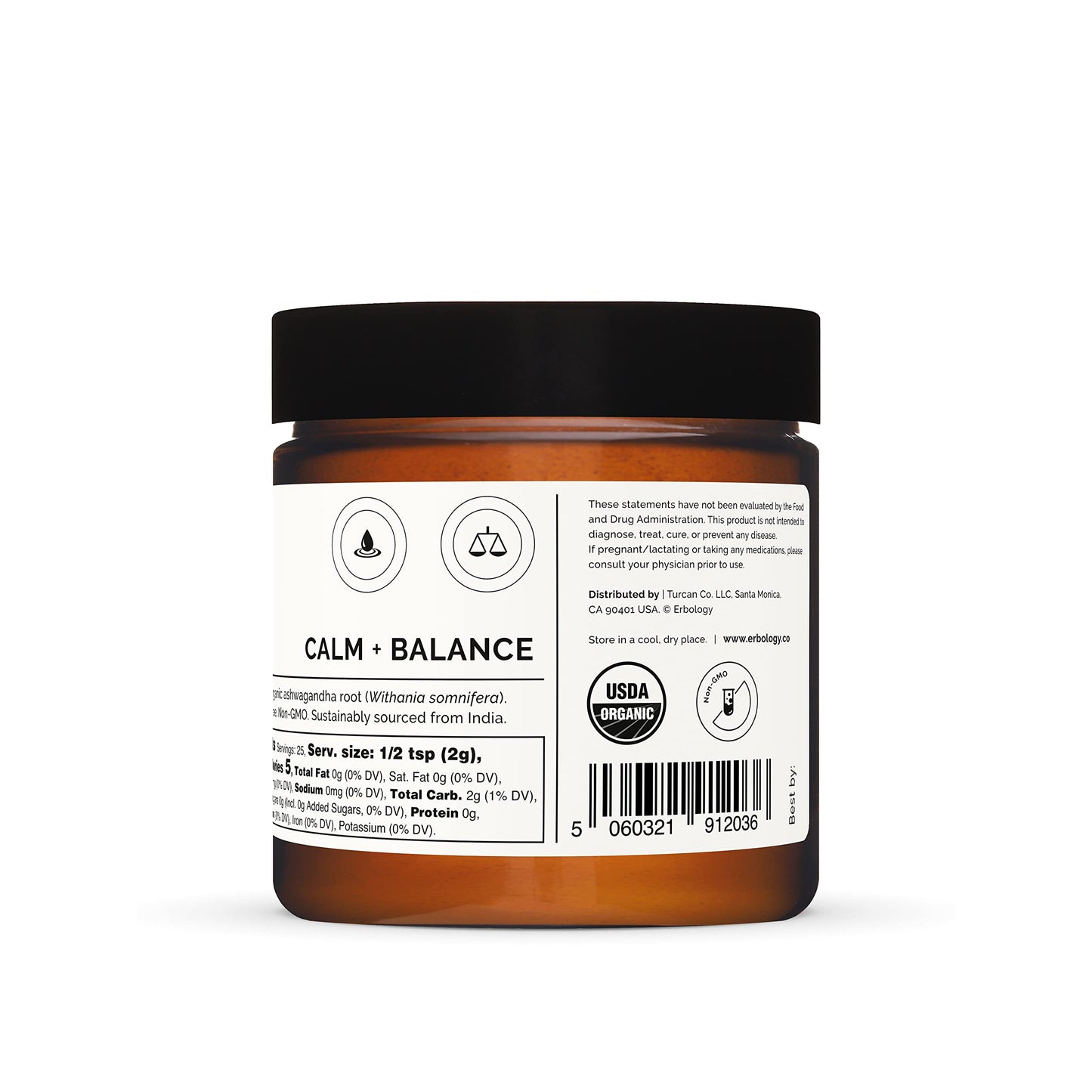Erbology 100% Organic Ashwagandha Powder 50g - Sleep Aid - Straight from Farm - Raw, Vegan and Gluten-Free - Non-GMO - No Additives or Preservatives - Recyclable Glass Jar