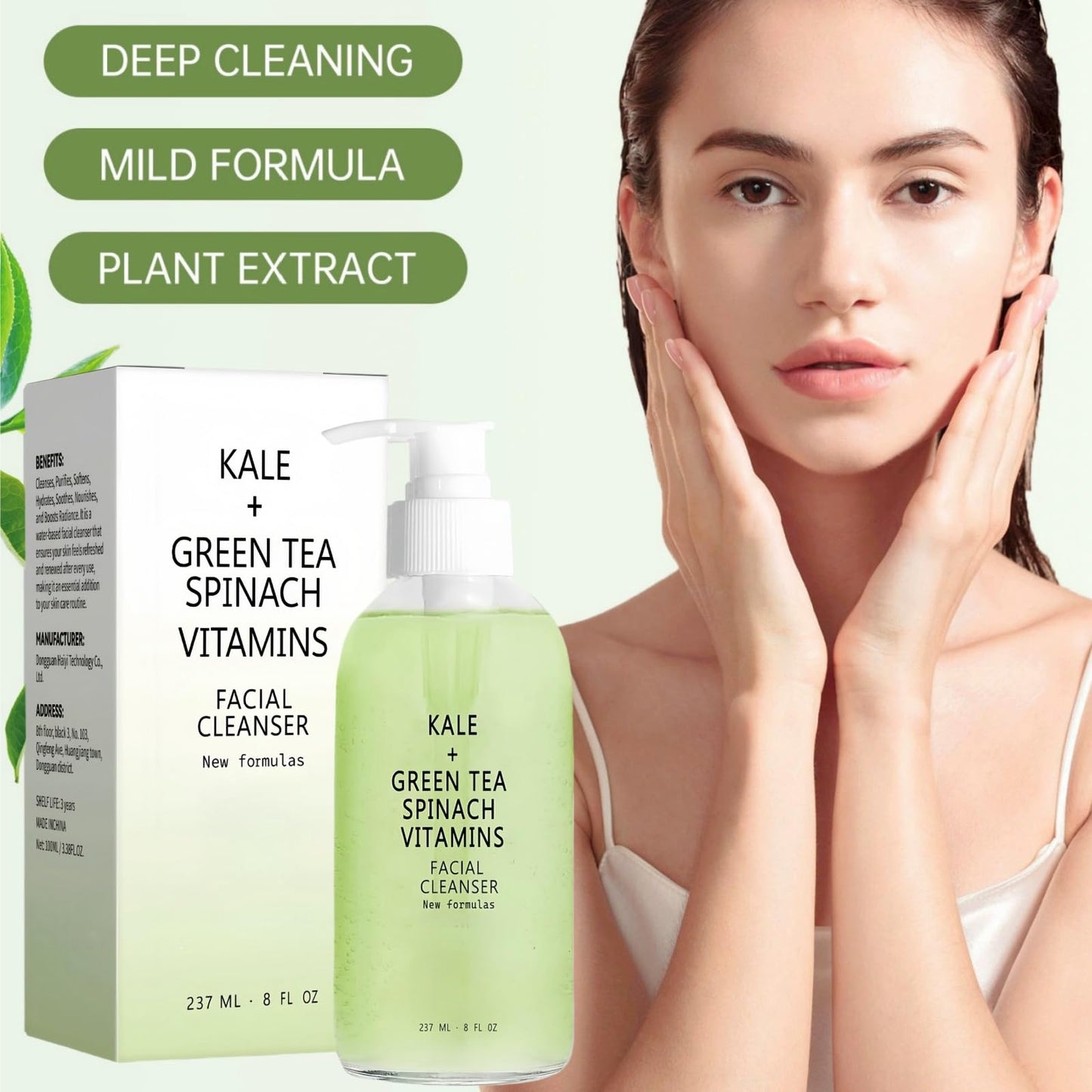 SingHao Kale + Green Tea Face Cleanser,Kale and Green Tea Spinach Vitamin Cleanser,Green Tea Foam Cleanser,Natural Face Wash for Deep Cleansing,Green Tea Age Prevention Cleanser,Gentle Facial Cleanser