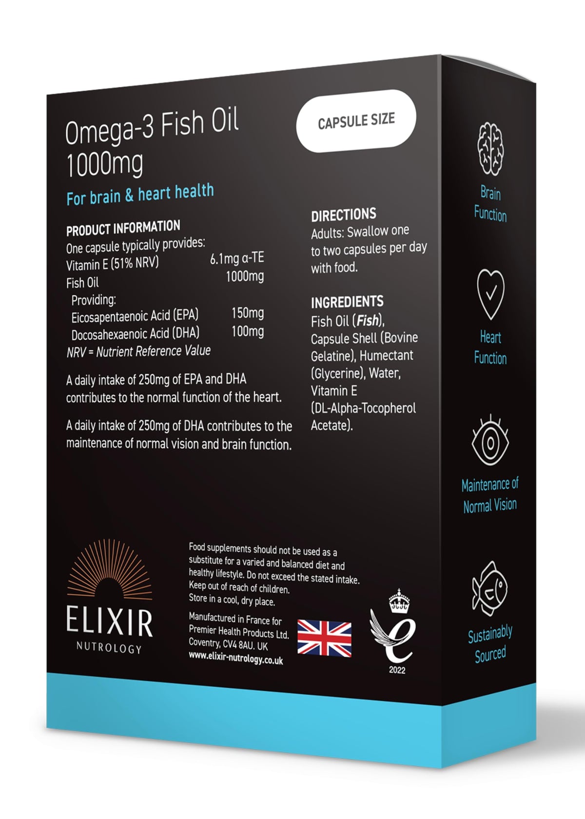 ELIXIR NUTROLOGY Omega 3 Fish Oil 1000mg Softgel Capsules | Supports Normal Heart & Brain Function | Rich in EPA & DHA with Added Vitamin E | Daily Essential Fatty Acid Support | 30 Softgel Capsules | UK Made
