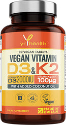 yrhealth Vegan Vitamin D3 K2 Tablets High Strength & Coconut Oil for Absorbtion - Vitamin D 2000iu & Vitamin K2 Mk7 100mcg Plant Based Supplement for Immune System, Bones, Blood Calcium Levels, Made in The UK