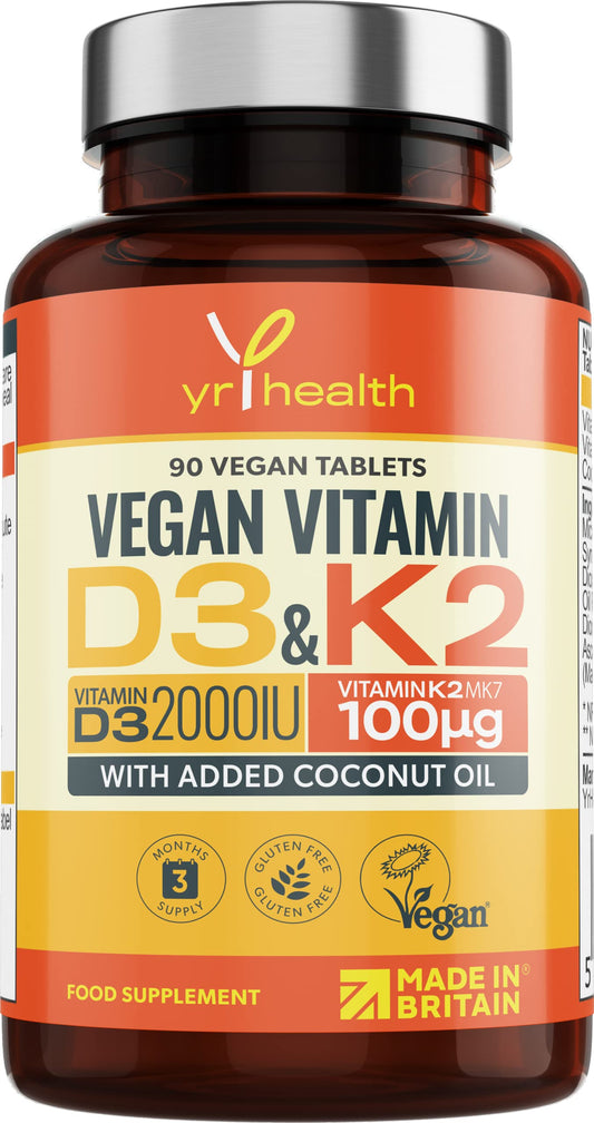 yrhealth Vegan Vitamin D3 K2 Tablets High Strength & Coconut Oil for Absorbtion - Vitamin D 2000iu & Vitamin K2 Mk7 100mcg Plant Based Supplement for Immune System, Bones, Blood Calcium Levels, Made in The UK