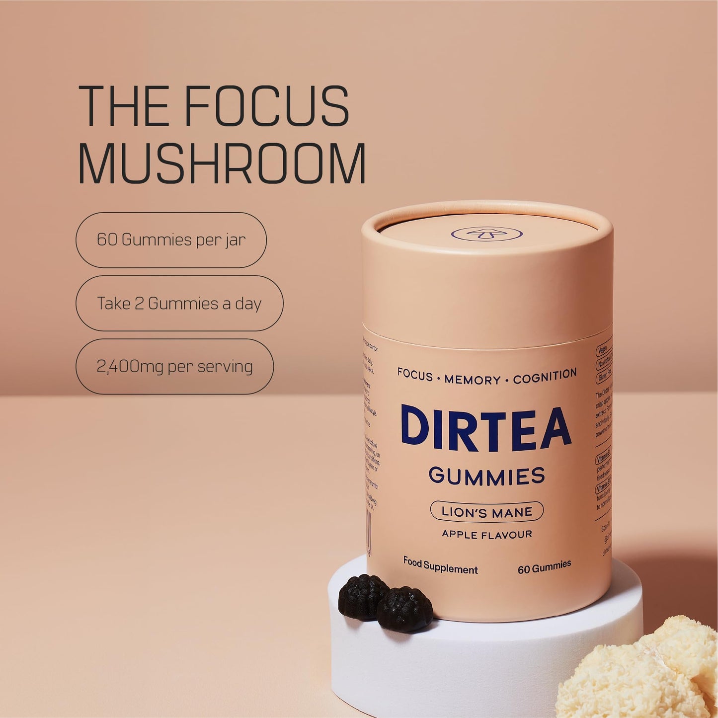 DIRTEA 60 Lion's Mane Mushroom Gummies | 2,400mg / Serving | Vegan, Natural & Sugar Free | with Vitamin B12 & B5 | Focus & Memory Supplement | 60 Gummies (30 Servings) - Apple Flavour