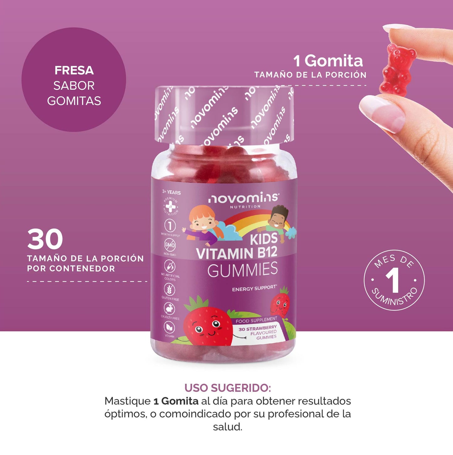 Kids Vitamin B12 Gummies - Energy & Metabolism Support Supplement - 30 Chewable Childrens B Complex Supplements – Vegan, Non-GMO - Enriched with Vitamin C, B1, B2, B6, Biotin - Made by Novomins