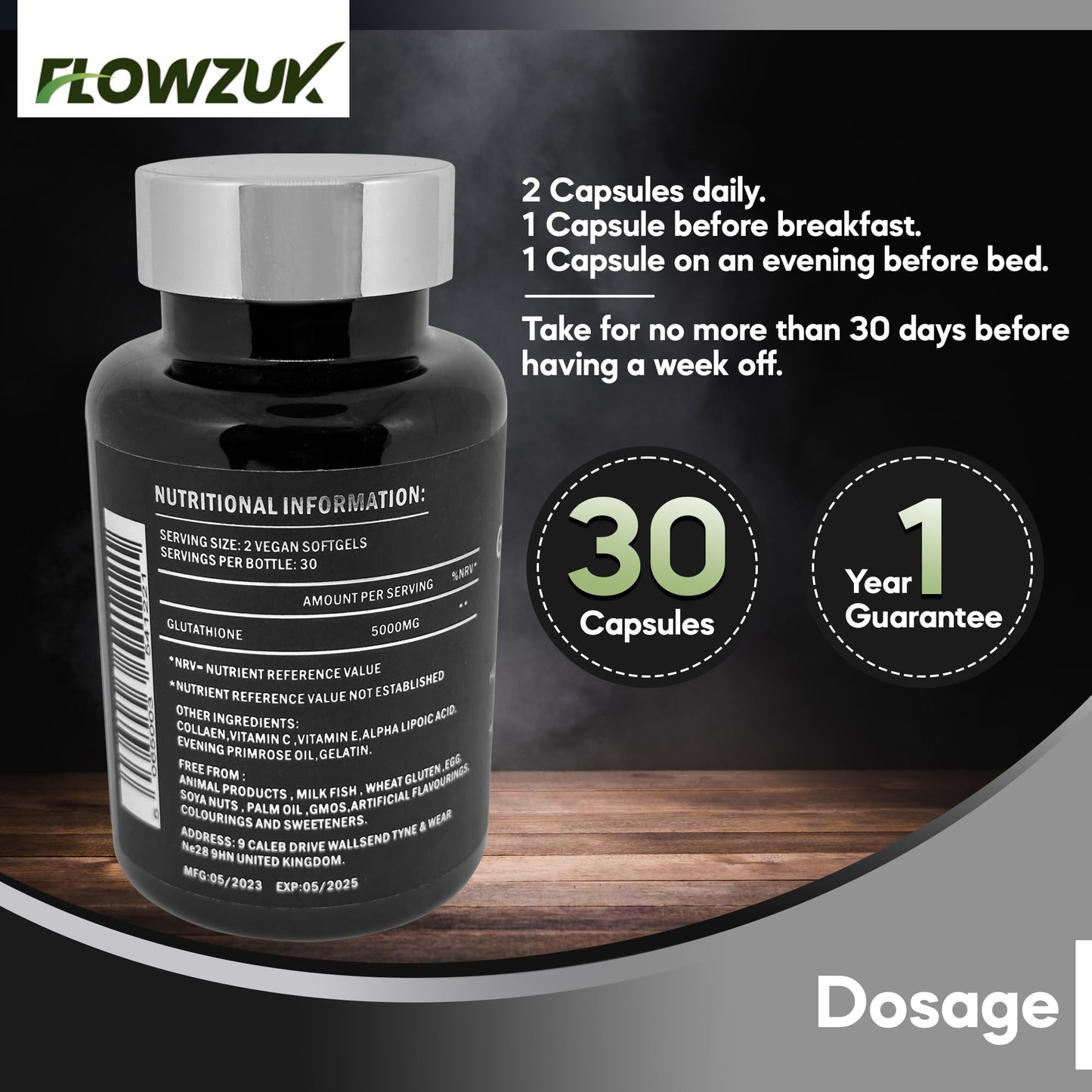 FLOWZUK Glutathione Supplements Ultra High Strength 60 Easy to Swallow softgels with Added Vitamin C and Collagen