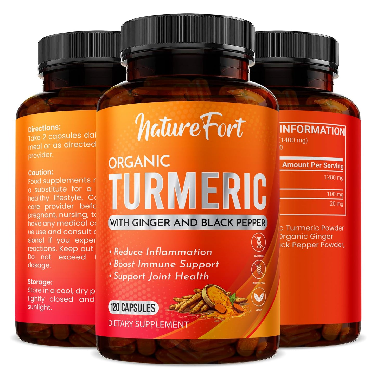 Nature Fort Organic Turmeric Capsules High Strength 1400mg with Black Pepper and Ginger – Active Curcumin Formula – 120 Veg Capsules – Organic, Vegan, and Non-GMO – Enhanced Absorption