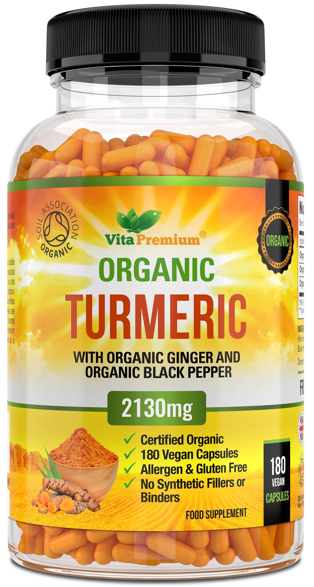 Vita Premium Organic Turmeric Curcumin with Organic Ginger and Organic Black Pepper - 180 Vegan Capsules (up to 6 Month Supply) - High Strength Tumeric Herbal Supplement